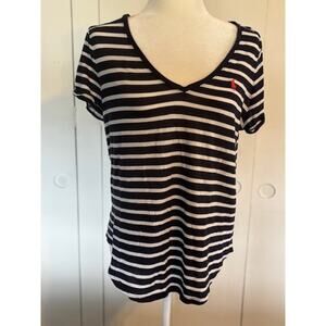 POLO Ralph‎ Lauren V-Neck Top Size Large Navy Blue w/ White Stripes